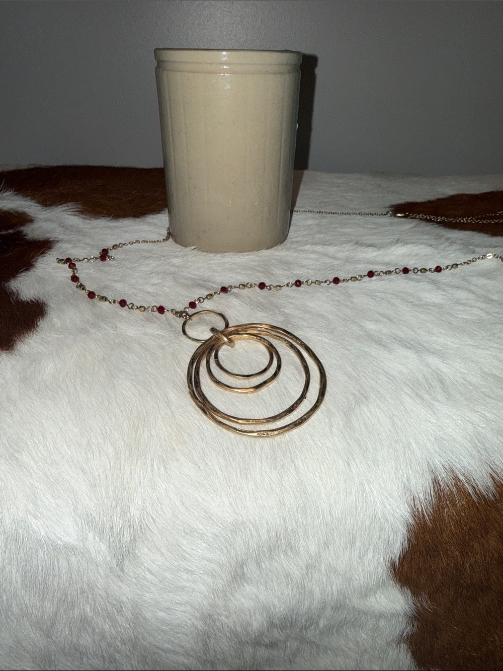 Gold-Tone Layered Hoop Necklace with Red Bead Accents